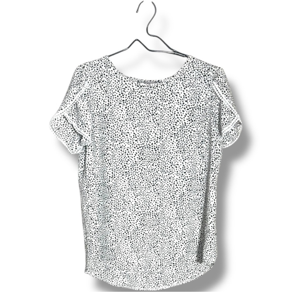Fashion Women Large Black & White Speckle Print Short Sleeve White Trim Blouse - Picture 14 of 16